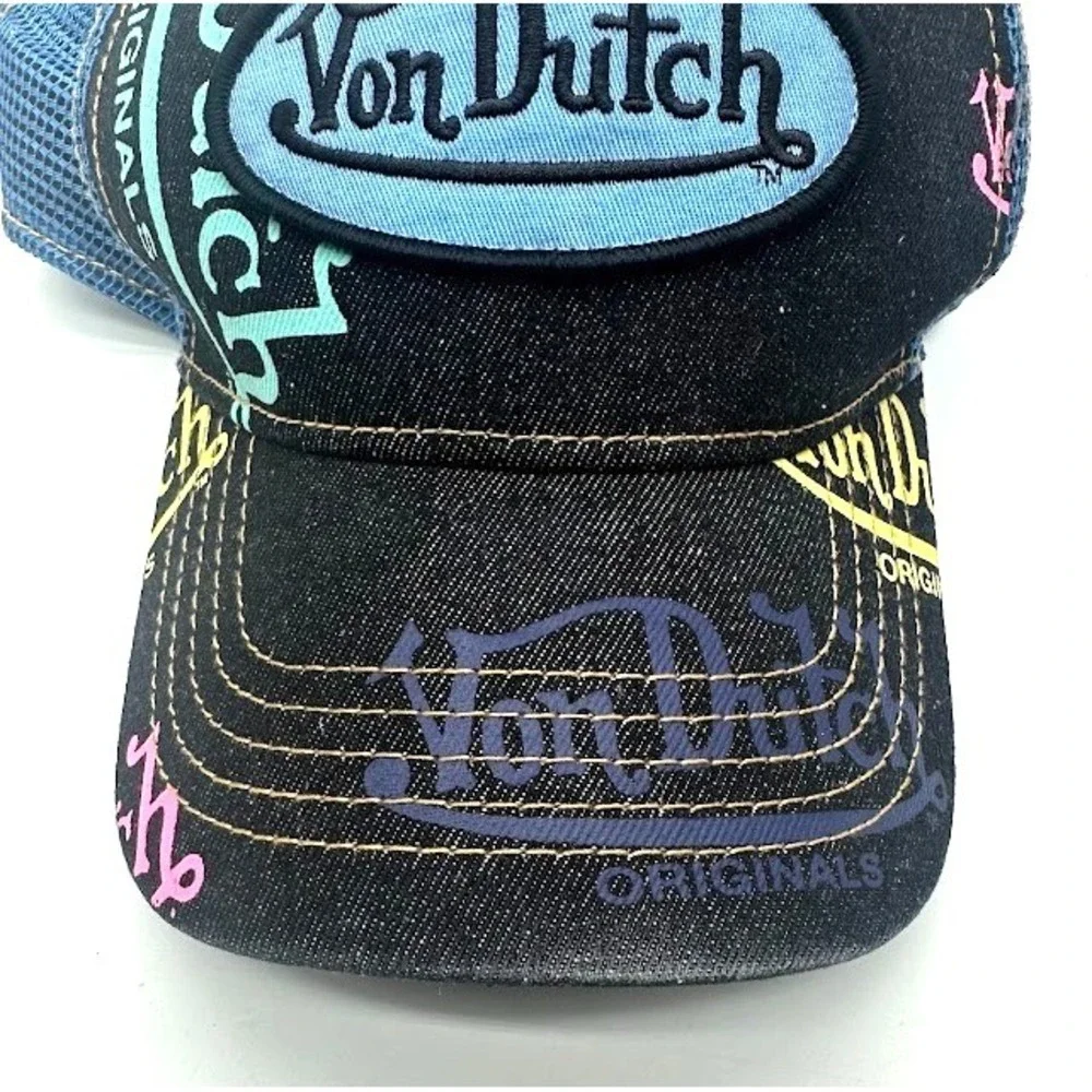 Von Dutch Adjustable Mesh Back Trucker Hat Blue/Black Multicolor Logo